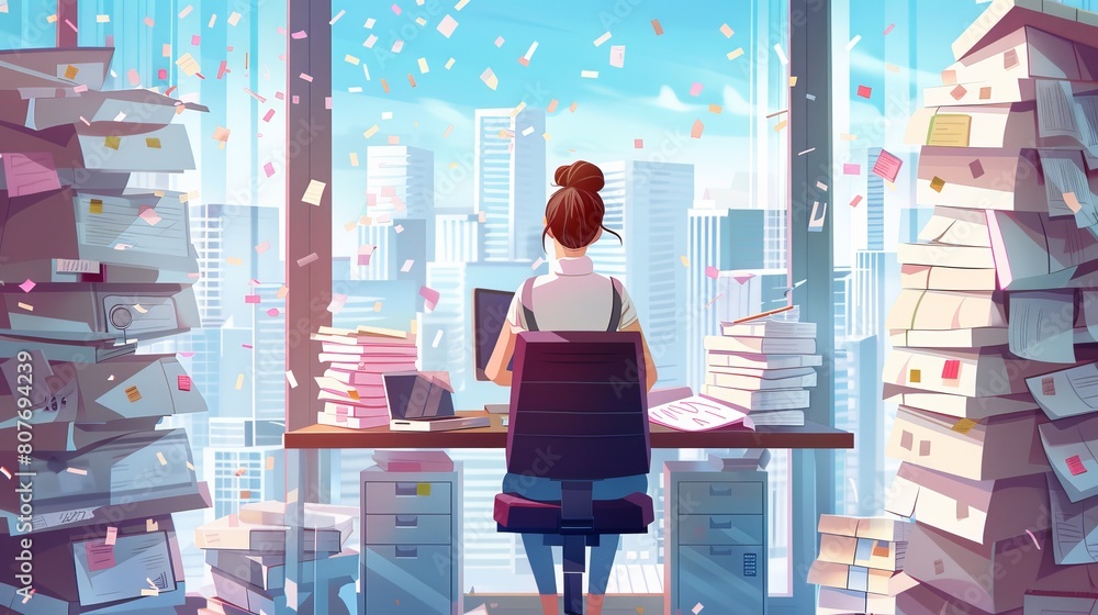 Poster a woman working at the office sits at a desk with a computer and piles of paper documents in front o