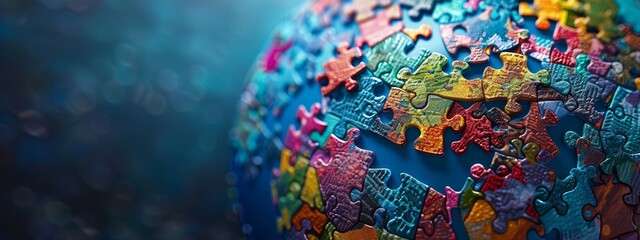 A globe made up of colorful puzzle pieces, each piece representing a different nation working together to form a whole.