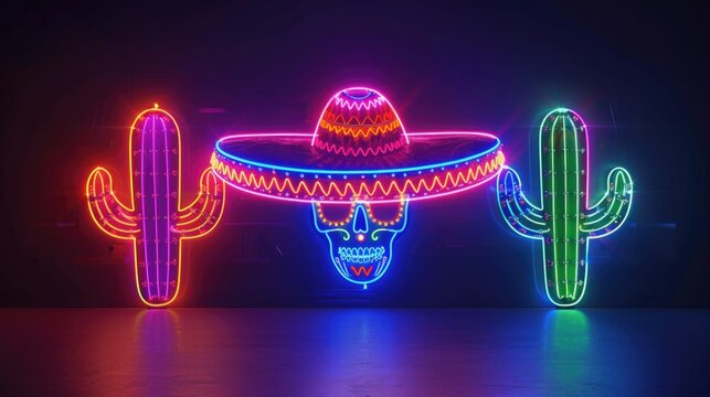 Neon sign featuring a Mexican hat and cactus, suitable for Mexican themed designs