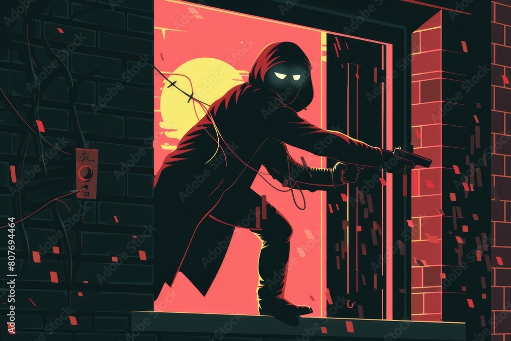 Poster a man in a hooded jacket opening a door. suitable for various concepts and themes