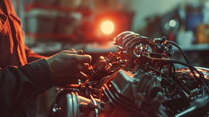 A mechanic works on a motorcycle engine in a dimly lit garage.