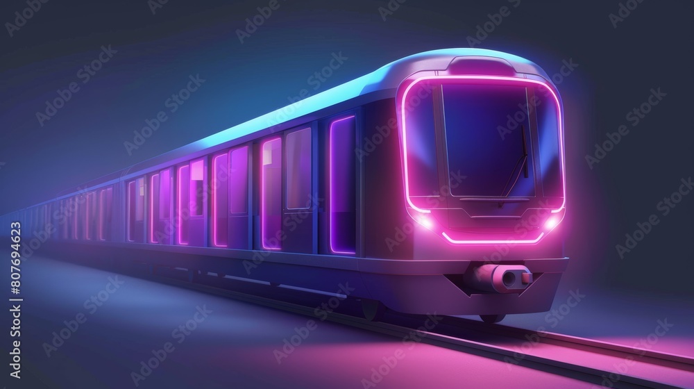 Poster the front view of a subway locomotive with a windshield and illumination, with the scene isolated on