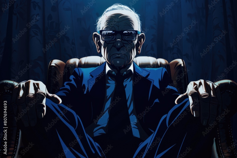 Poster a man sitting in a chair with his hands on his knees. suitable for various concepts and designs