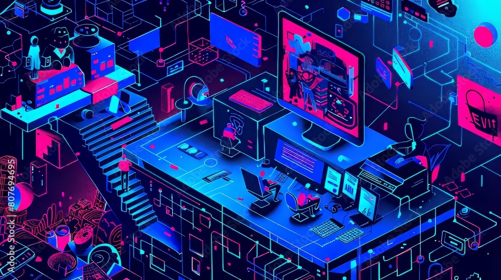 Poster the isometric landing page for a hackathon. digital artists, developers, project managers collaborat