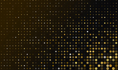 Abstract golden halftone dotted pattern on dark background. Shiny polka dot, luxury horizontal banner template
