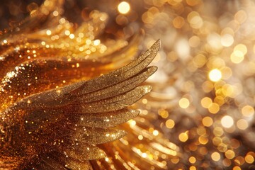 Naklejka premium Detailed close up of golden angel wings, perfect for religious or spiritual themes