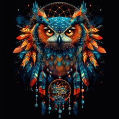 Mystical Owl with Dreamcatcher and Feathers in a Vibrant Cosmic Color Palette