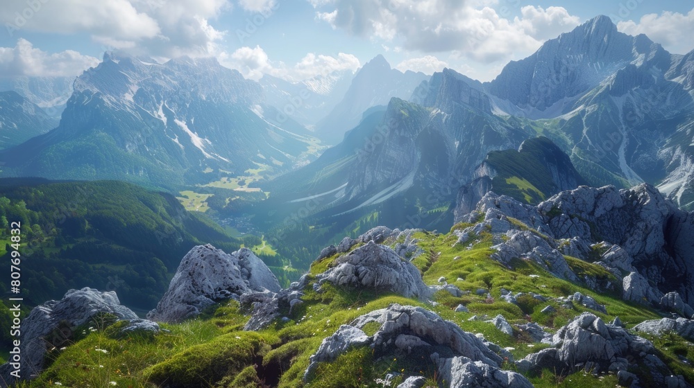 Poster a scenic view of a mountain range with a valley in the distance. suitable for travel and landscape c