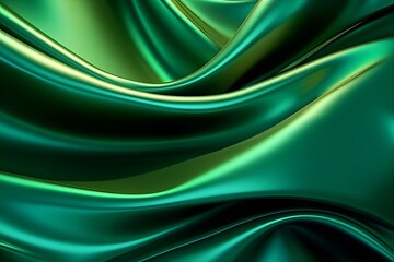 3d silk luxury texture background. Fluid iridescent holographic neon curved wave in motion green background. Silky cloth luxury fluid wave banner.