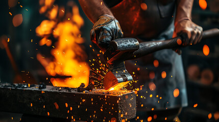 A blacksmith hammers a hot piece of metal on an anvil, sparks flying.