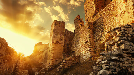 Fototapeta premium Generate a digital painting of a ruined castle bathed in warm sunlight