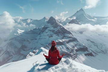 A woman sitting on top of a snow covered mountain, ideal for outdoor and adventure concepts