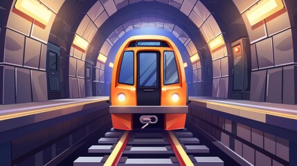 Train in tunnel with stone arch in brick wall, rails, and a modern subway car. Modern realistic illustration. Underground electric railway transport.