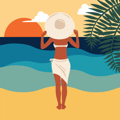 Woman Watching Sunset on the Beach Summer Vacation Illustration