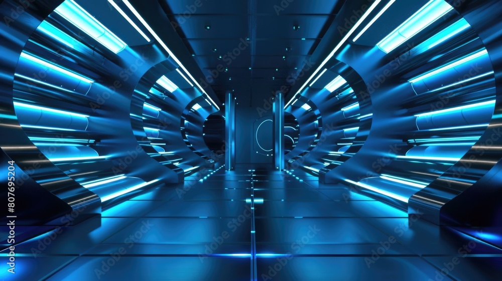 Poster a sleek and futuristic room illuminated by blue lights. ideal for tech or sci-fi concepts