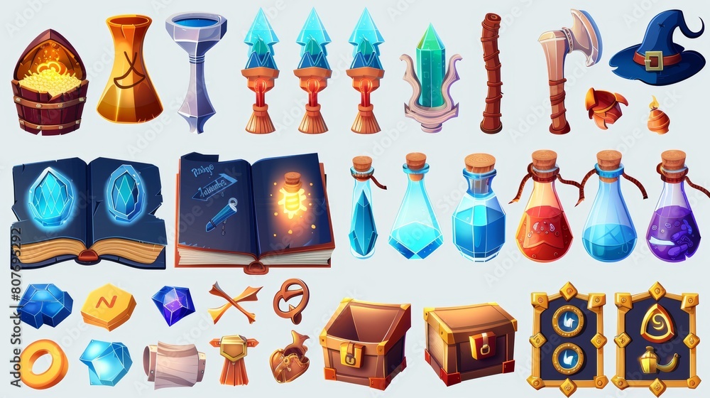 Poster an interface for a magic game with a spell book, a magic wand, a pottion bottle, and a wizard's hat.