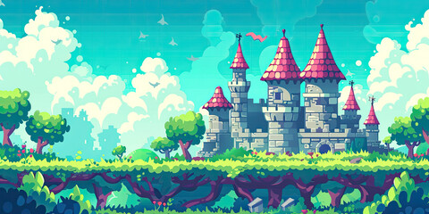 Castle background, video game style illustration castles towers 8-bit, vintage computer graphics, generated ai	
