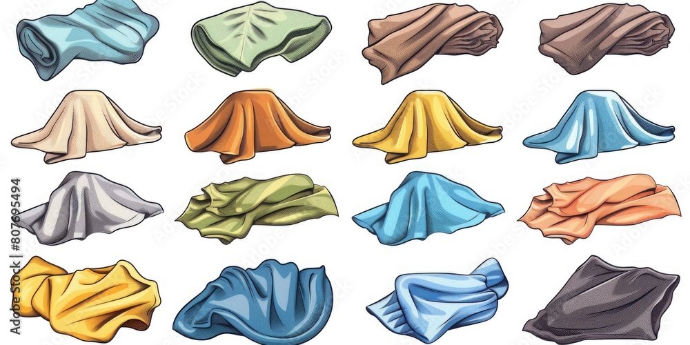 Poster various colored cloths displayed on a clean white backdrop. ideal for fashion or textile design proj