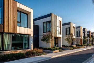 row of modern modular private townhouses featuring wooden cladding distinct panels