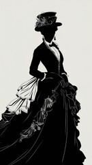 Elegant Victorian Lady in Vintage Dress and Ornate Hat Silhouette