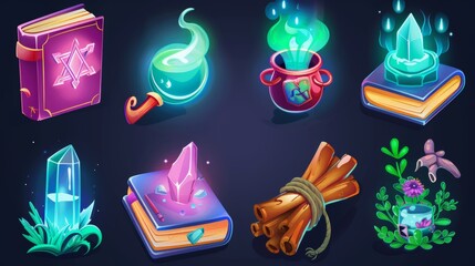 Fototapeta premium Modern cartoon icons set, gui elements for a witchcraft or a wizard game. Amulets, crystals, spell books, and a cauldron with boiling potion.