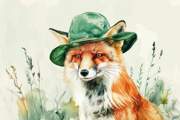 Obraz premium A painting of a fox wearing a green hat. Suitable for various creative projects