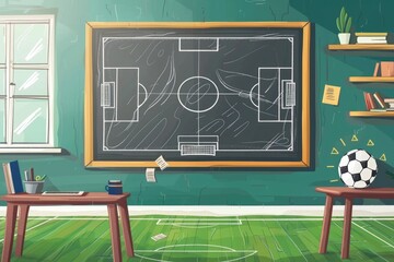 A detailed drawing of a soccer field on a chalkboard. Perfect for sports and education projects