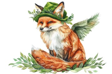 Obraz premium Watercolor painting of a fox wearing a green hat. Perfect for children's books or nature-themed designs