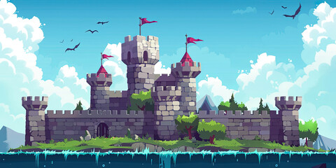 Castle background, video game style illustration castles towers 8-bit, vintage computer graphics, generated ai	
