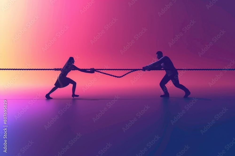 Poster A couple of people working together to pull a rope. Suitable for teamwork concepts