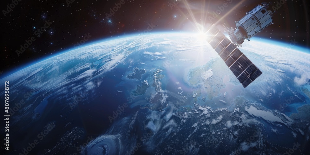Poster a stunning view of the earth from space. perfect for science and technology projects
