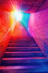 A set of stairs leading up to a bright light. Ideal for concepts of progress, success, and achievement