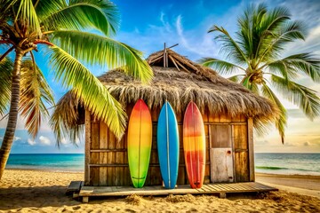 Rustic surf station with colorful surfboards on the tropical island beach