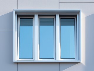 A triple-paned window set in a light wall, reflecting clear blue sky.