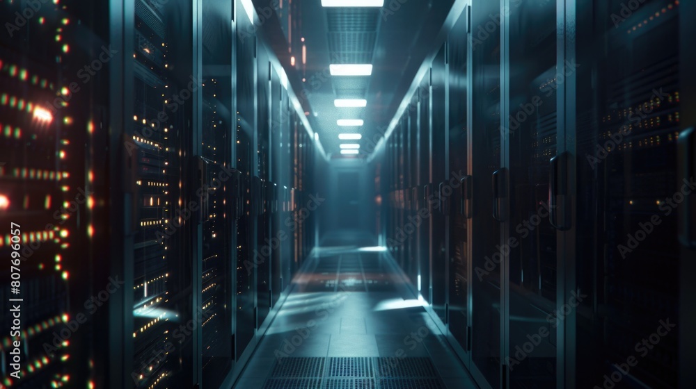 Poster A long hallway filled with rows of servers. Perfect for technology and data center concepts