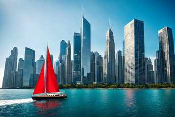 Classic sailboat with red sails contrasts against sleek skyscrapers skyline over calm waters. Traditional sailboat on modern urban skyline backdrop. Travel cruise concept. Copy ad text space. Gen Ai