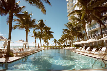Fototapeta premium Swimming pool and sun loungers at stylish tropical spa hotel, summertime banner mockup. Summer travel sales and vacation concept.