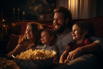 Family watching TV at home in the evening. couples with children sitting on the sofa and looking at the TV