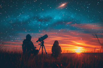 Two astronomers preparing telescopes under a starburst sky with a visible meteor at night. AI generated.