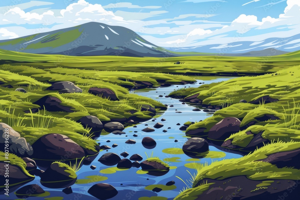 Poster scenic view of a river flowing through a vibrant green field. suitable for nature and landscape conc