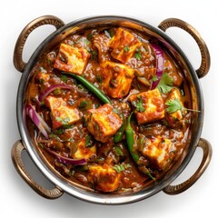 Fototapeta premium A pan sizzles with tofu and red onions cooking together in a flavorful stir-fry