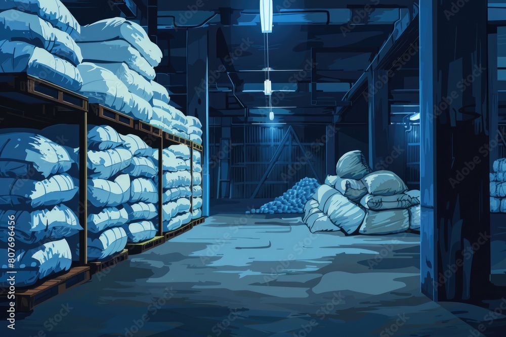 Poster a large warehouse filled with lots of bags. suitable for inventory or storage concepts