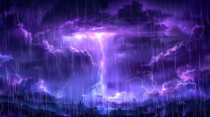 Cloudy sky with rain, lightning, and thunderbolt strikes isolated on transparent background. Modern realistic illustration of thunderstorm and cold storm weather.