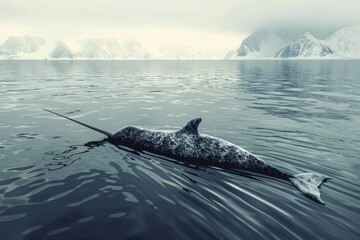 A narwhal gracefully swimming in the water. Ideal for aquatic themed designs - obrazy, fototapety, plakaty