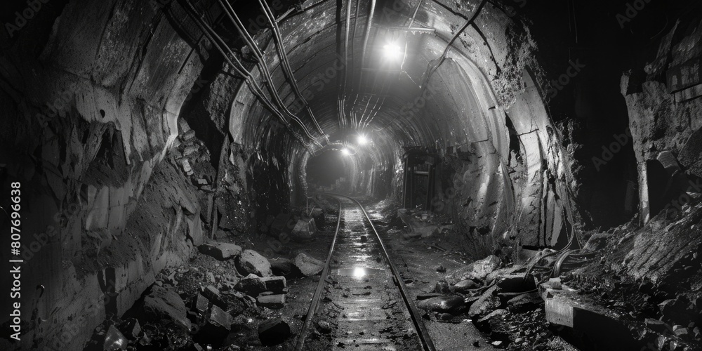 Poster a train passing through a dark tunnel, suitable for transportation concepts