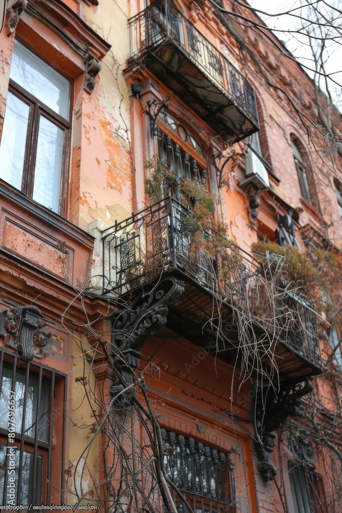 Poster a building with a balcony featuring planters. suitable for architectural and urban design concepts