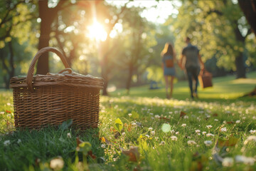 A couple enjoying a peaceful picnic in a lush green park with a wicker basket. AI generated.