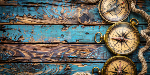 Three old fashioned compasses are displayed on a wooden surface