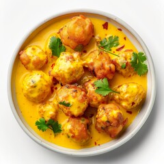 A white bowl is filled with Kadhi Pakora, a flavorful Indian dish, garnished with fresh cilantro leaves