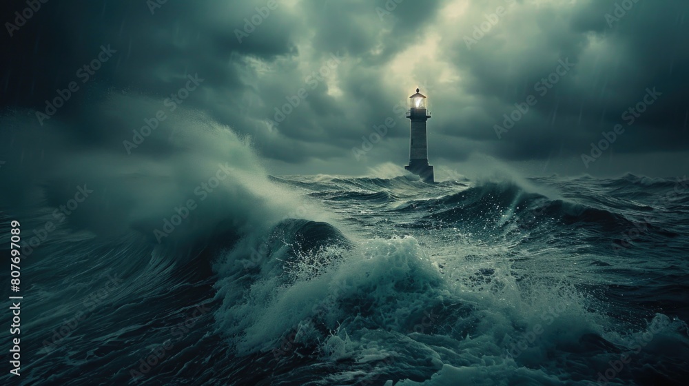 Poster a lighthouse standing strong in the midst of a stormy ocean. suitable for themes of strength and res